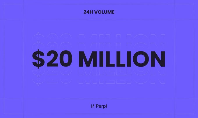 A minimalist purple graphic displaying '$20 MILLION' as the 24H VOLUME for 'l/ Perpl', with faded outlined text in the background.