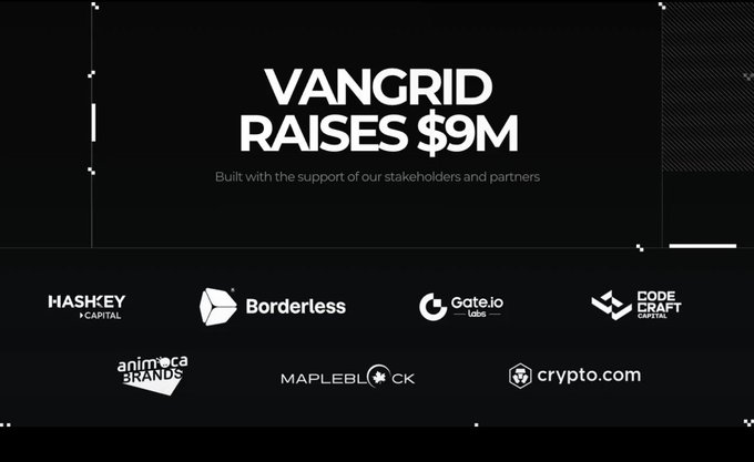 A dark-themed announcement that 'VANGRID RAISES $9M' with the tagline 'Built with the support of our stakeholders and partners'. Logos of backers are displayed, including HashKey Capital, Borderless, Gate.io Labs, Code Craft Capital, Animoca Brands, MapleBlock, and Crypto.com.