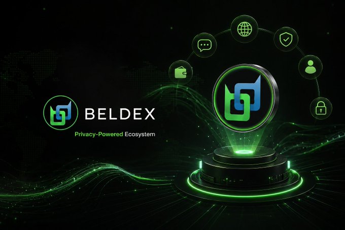 A promotional graphic for BELDEX, a 'Privacy-Powered Ecosystem,' featuring a glowing green coin and icons representing communication, security, identity, and web features.