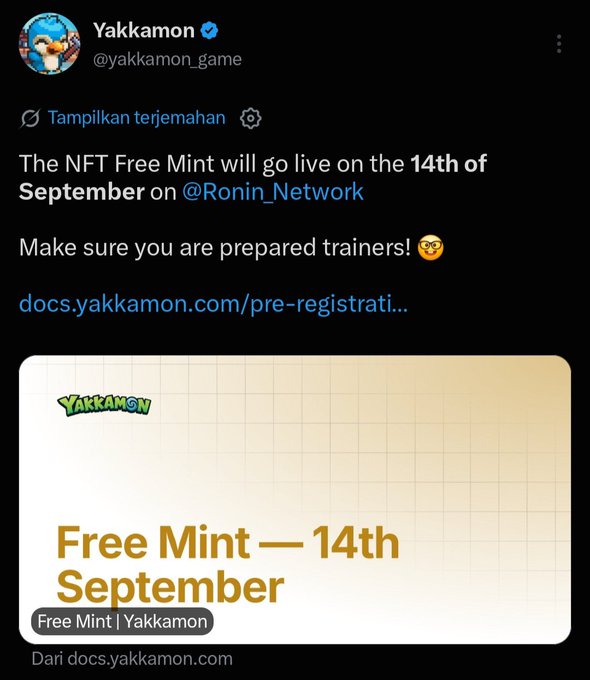 A tweet from Yakkamon (@yakkamon_game) announces an NFT Free Mint going live on the 14th of September on @Ronin_Network, with a preview card reading 'Free Mint — 14th September.'