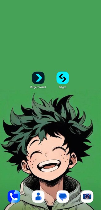 An anime-style phone wallpaper featuring a green background with a smiling character with spiky dark green hair, and app icons for 'Bitget Wallet' and 'Bitget' displayed above and below.