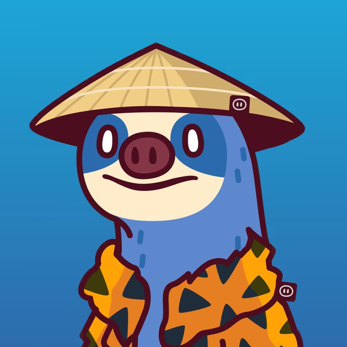 A cartoon illustration of a blue character wearing a conical straw hat and an orange patterned garment, set against a blue background.