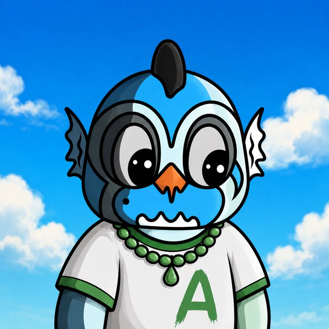 A cartoon blue and white owl character wearing a white shirt with a green "A" and a green beaded necklace stands against a bright blue sky with white clouds, representing the "Owl Legends" NFT project on the Arc Chain referenced in the giveaway post for @owlarcnft.