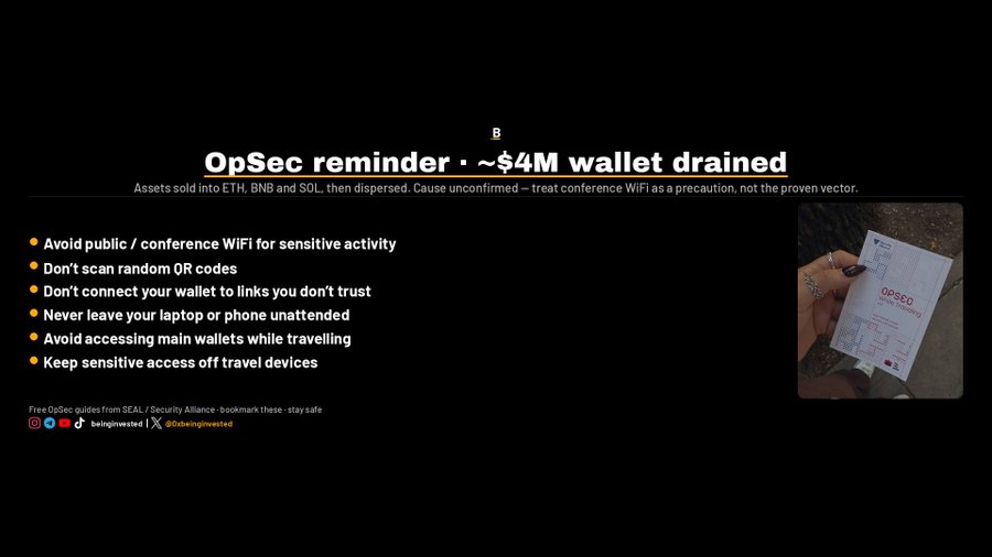 An OpSec reminder slide titled 'OpSec reminder • ~$4M wallet drained' lists security tips including avoiding public WiFi, not scanning random QR codes, and never leaving devices unattended, branded 'beingineated'.