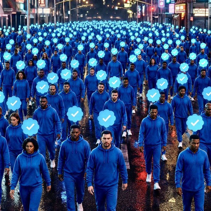 An artistic image showing a vast crowd of people wearing identical blue hoodies walking down a wet city street at night, with blue cloud icons containing check marks floating above each person's head.