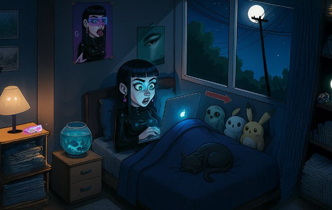 An anime-style illustration of a gothic girl with long black hair sitting in bed at night, looking shocked at her glowing laptop screen, surrounded by Halloween-themed plushies, a black cat, and a fishbowl.