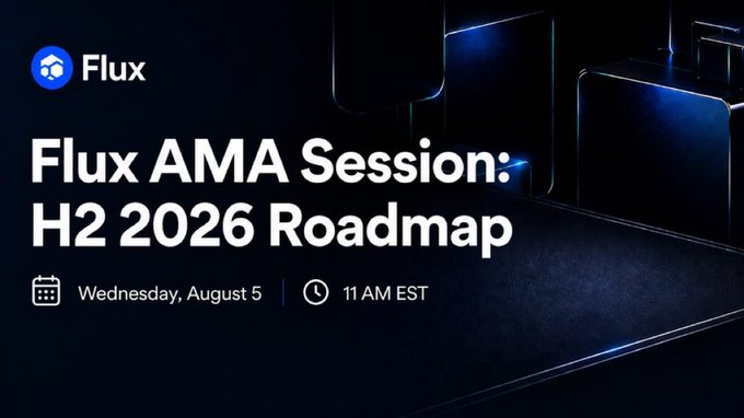 A sleek dark promotional graphic for Flux announces their "Flux AMA Session: H2 2026 Roadmap" taking place on Wednesday, August 5 at 11 AM EST, with the Flux logo and cube icon in the upper left against an atmospheric blue-lit background—visually corresponding to the post's invitation for the live AMA event at 11 AM EST.
