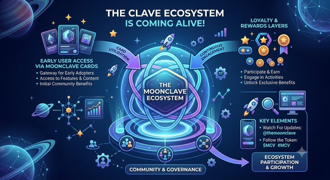 An infographic titled 'THE CLAVE ECOSYSTEM IS COMING ALIVE!' details early user access, card utilization, loyalty rewards, and participation growth for $MCV.
