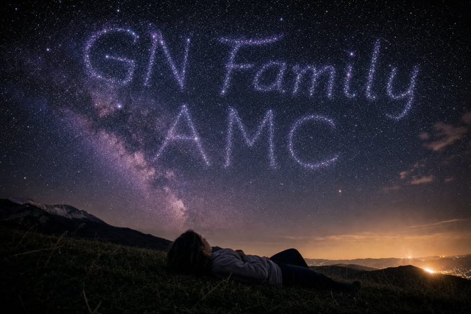 A person lies on a grassy hillside at night gazing up at the Milky Way, while sparkling lights in the sky form the text "GN Family AMC".