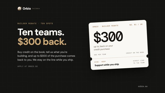 The image is a promotional graphic for Orbio Builders advertising a "Builder Rebate" program offering "Ten teams. $300 back." with up to $300 credit back on purchases, featuring a ticket-style graphic showing "$300 up to, back on your credit purchase" and numbered "01/10" for the limited spots.