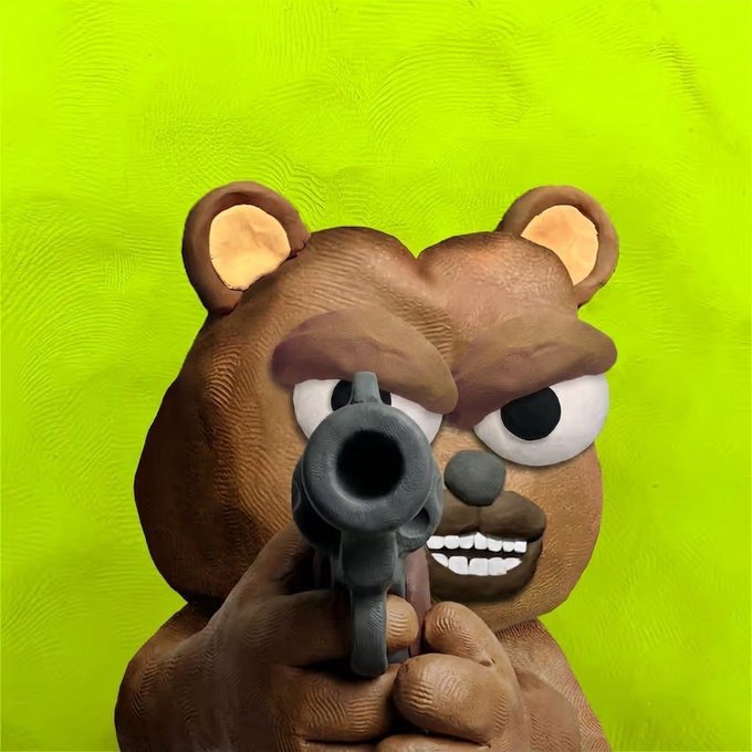 A claymation-style brown bear character with a serious expression aims a black handgun directly at the viewer against a bright lime-green background.
