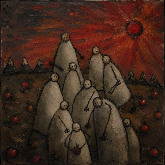 A surreal painting featuring gray hooded figures standing among scattered red fruits under a red sun, with mountains in the background and 'R.L.K.' signed in the corner.