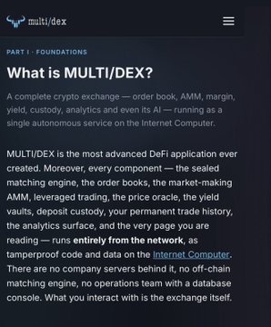 A webpage screenshot from multi/dex explaining 'WHAT IS MULTI/DEX?' as 'A complete crypto exchange — order book, AMM, margin, yield, custody, analytics and even its AI — running as a single autonomous service on the Internet Computer.'