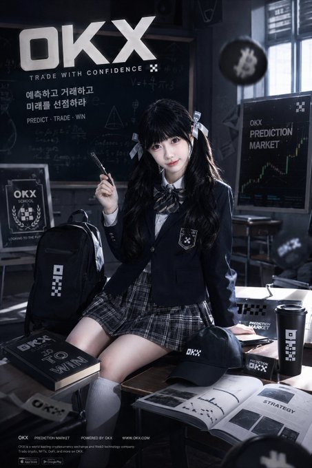 An advertisement for 'OKX' featuring an anime-style schoolgirl with twin tails sitting at a desk surrounded by 'OKX' branded merchandise, with text reading 'TRADE WITH CONFIDENCE' and 'PREDICT · TRADE · WIN'.