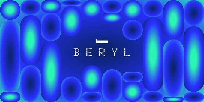 A dark blue and green abstract background with the text 'BERYL' displayed in white pixelated font in the center.