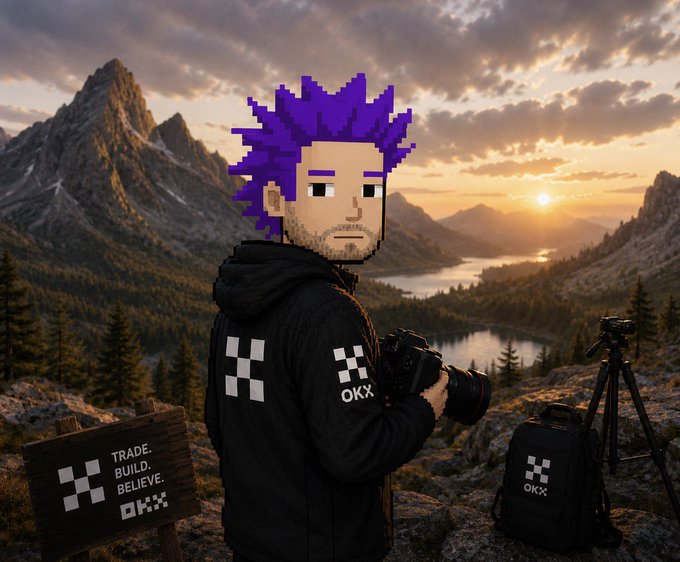 A pixel art-style illustration of a man with spiky purple hair holding a camera, wearing a black jacket with 'OKX' logos, set against a mountainous landscape with a 'TRADE. BUILD. BELIEVE.' OKX sign.