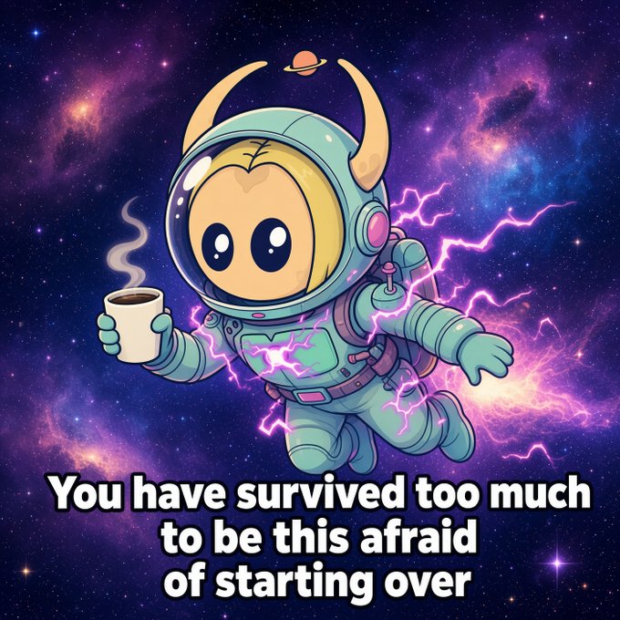 A cartoon astronaut with horns holding a steaming mug in space against a colorful nebula, captioned 'You have survived too much to be this afraid of starting over'.