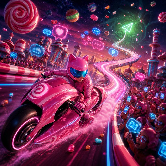A vibrant digital art piece showing a pink-helmeted cat rider on a futuristic pink motorcycle racing through a candy-themed landscape with cheering crowds and floating social media icons.