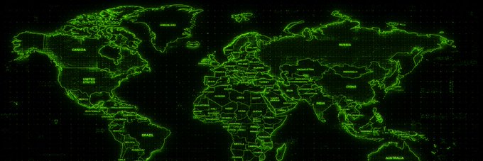 A world map rendered in a green wireframe/digital style on a black background, with continental outlines and country labels visible across all regions.