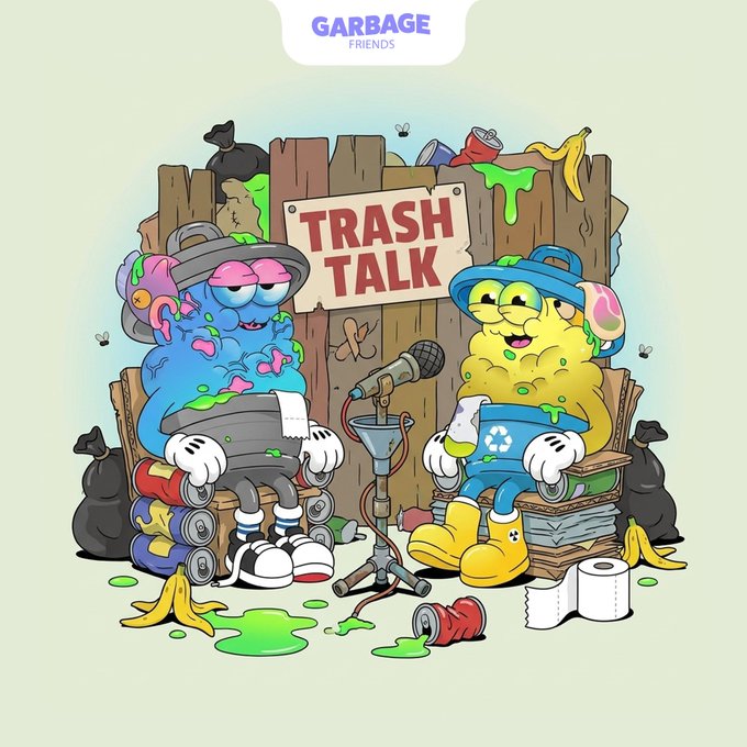 A cartoon illustration labeled 'GARBAGE FRIENDS' titled 'TRASH TALK' showing two trash-themed characters sitting on cans in front of a wooden backdrop.