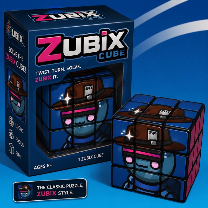 Product packaging for a 'ZUBIX CUBE' puzzle game featuring a cartoon character in a cowboy hat, marketed for ages 8+ with the tagline 'TWIST. TURN. SOLVE. ZUBIX IT.'