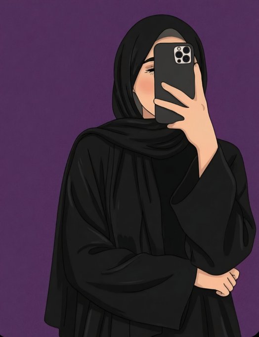 An illustration of a woman wearing a black hijab and abaya taking a mirror selfie with a black smartphone against a purple background. The image serves as a visual accompaniment to the post promoting the $ANSEM ticker.