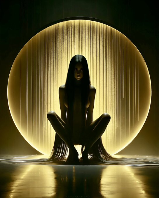 A silhouetted figure crouches within a glowing golden orb, surrounded by cascading vertical streams of light that resemble a radiant waterfall. The ethereal, sculptural form evokes a mystical night scene, complementing the nocturnal theme of "Art For The Night" NFT artwork.