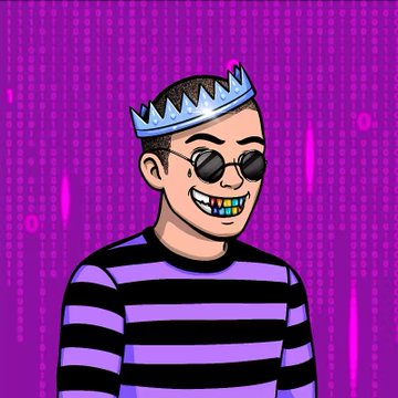 The image features a cartoon character wearing a crown, sunglasses, and a purple and black striped shirt. The character has a smiley face and is standing against a purple background with white dots. The caption below the image reads "Scooped this Banger Vault Runner with insane Rank for only 0.13 $SOL".