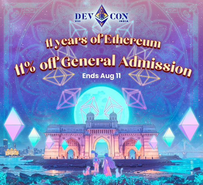 Celebrate 11 years of Ethereum with 11% off Devcon 8 General Admission tickets until August 11th. The image visually represents this by showcasing the Ethereum logo and the text "11 years of Ethereum" and "11% off General Admission" over a vibrant, starry depiction of an Indian landmark.