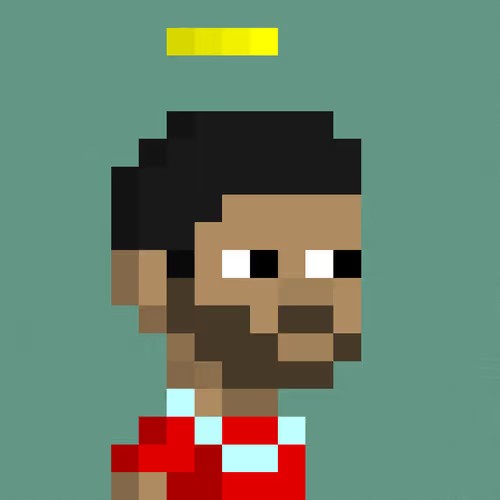 A pixel art illustration of a bearded man with dark hair and white eyes, wearing a red and blue striped shirt against a teal background.