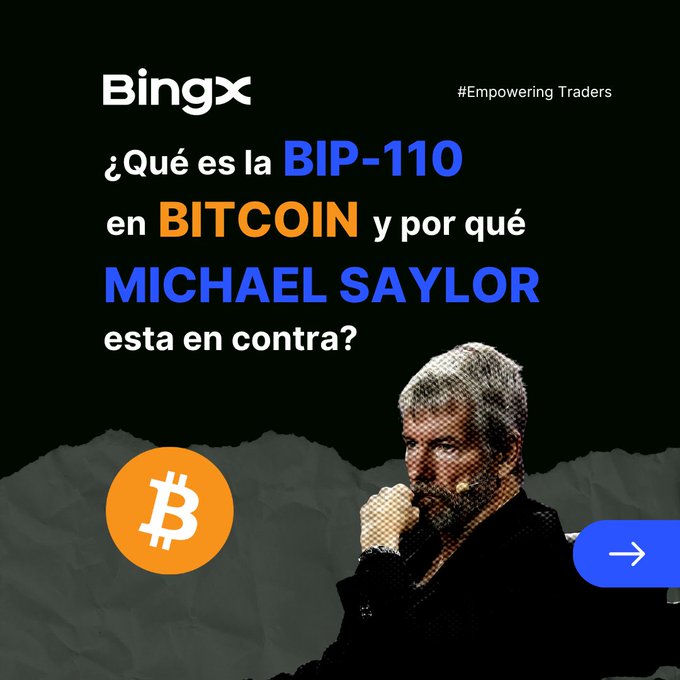 BingX promotional graphic in Spanish titled '¿Qué es la BIP-110 en BITCOIN y por qué MICHAEL SAYLOR esta en contra?' featuring Michael Saylor and a Bitcoin logo.