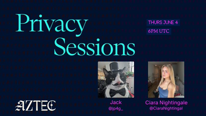 The image shows a poster for an event called "Privacy Sessions" scheduled for Thursday at 6PM UTC. The poster features two photos of cats, one wearing a top hat and the other with a bow tie. There are also text elements on the poster that provide information about the event, such as the names of the speakers and the privacy network they belong to.