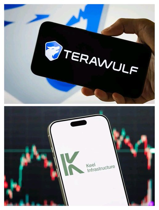 A composite image showing the TeraWulf logo on a smartphone (top) and Keel Infrastructure logo on another phone displaying a stock chart (bottom).