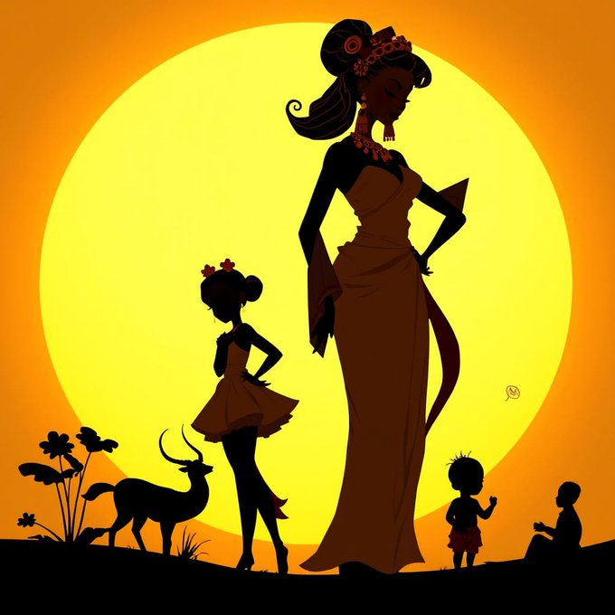 A stylized silhouette illustration of an elegant woman and a younger girl against a large yellow sun on an orange background, accompanied by a deer silhouette and children silhouettes in the foreground.