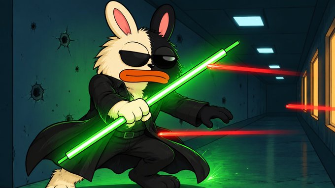A cartoon duck dressed as a black-clad action hero swings a glowing green lightsaber while dodging red laser beams in a hallway. The image adds an action-packed visual flair to the post promoting a 200,000 $Boro airdrop for the first 2,000 wallets that like, retweet, and submit a Solana address.