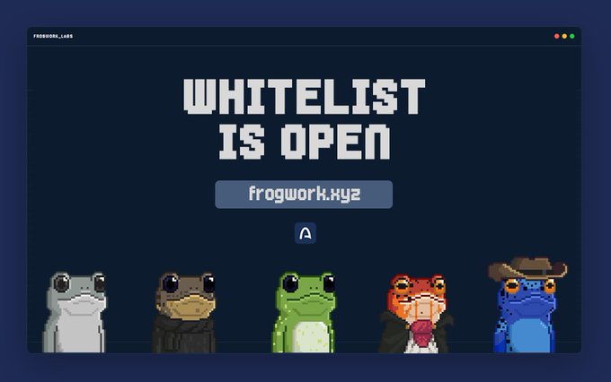 Pixel-art style graphic with the text 'WHITELIST IS OPEN' and 'frogwork.xyz' above five cartoonish animal characters in different colors.