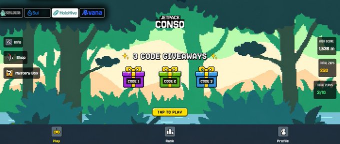 A game interface titled 'JETPACK CONSO' featuring '3 CODE GIVEAWAYS' with three colorful gift boxes labeled CODE 1, CODE 2, and CODE 3, alongside stats showing HIGH SCORE 1,536m, TOTAL JUMPS 290, and TOTAL PLAYS 3/10, with a 'TAP TO PLAY' button.