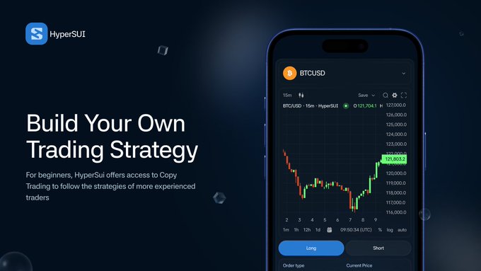 A promotional image for the HyperSUI trading app with the text 'Build Your Own Trading Strategy', featuring a phone displaying a BTCUSD candlestick chart with Long/Short buttons.