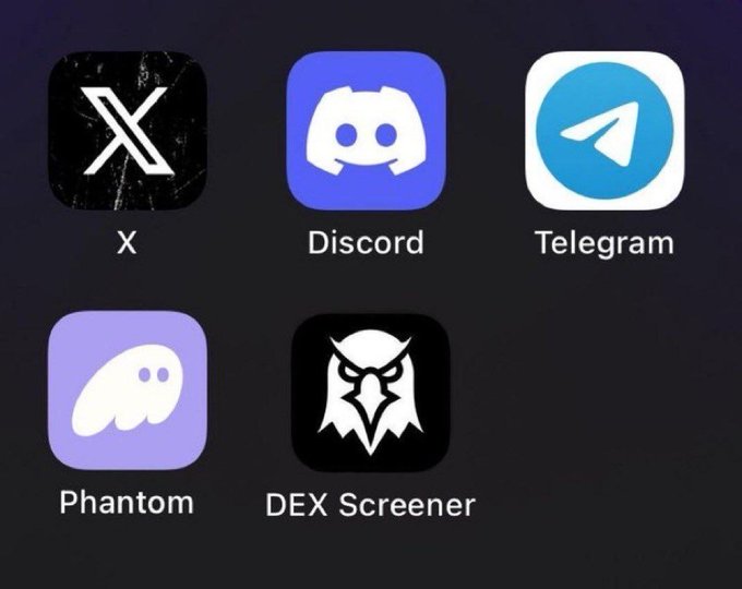 A screenshot of a smartphone home screen displaying app icons for X, Discord, Telegram, Phantom, and DEX Screener.
