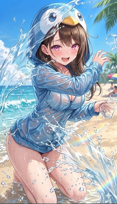 The image features a woman wearing a blue raincoat, posing at the beach with her legs spread out as if she's splashing water around her. The scene includes palm trees and an ocean view, creating a tropical atmosphere. The caption "stepn" is present in the image, which could be a reference to a specific step or action within the artwork.