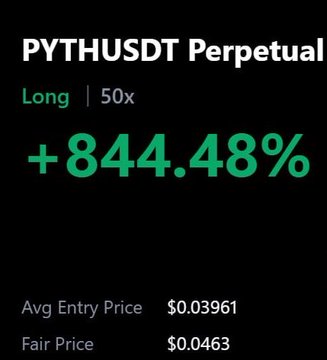 A trading screenshot showing a long PYTHUSDT perpetual position with 50x leverage, up +844.48%, with an average entry price of $0.03961 and a fair price of $0.0463. The image illustrates the post's announcement about hitting the first target on the $PYTH chart that was previously shared.