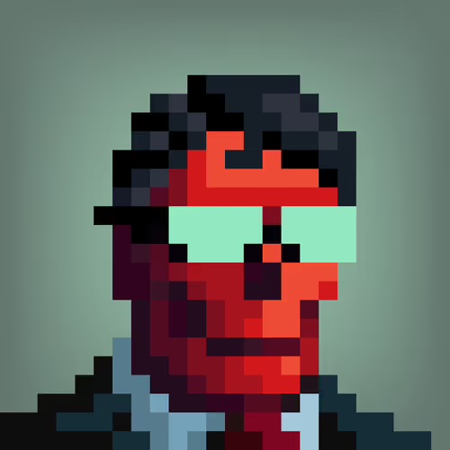 A pixel art style illustration of a man's head and shoulders, featuring black hair, a red face with red rectangular glasses, and a teal background.