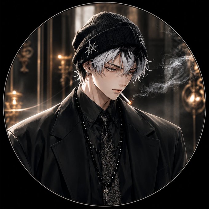 An anime-style illustration of a character with silver and black hair wearing a black beanie with a star pin, a black suit, and patterned tie, smoking a cigarette with smoke swirling around.