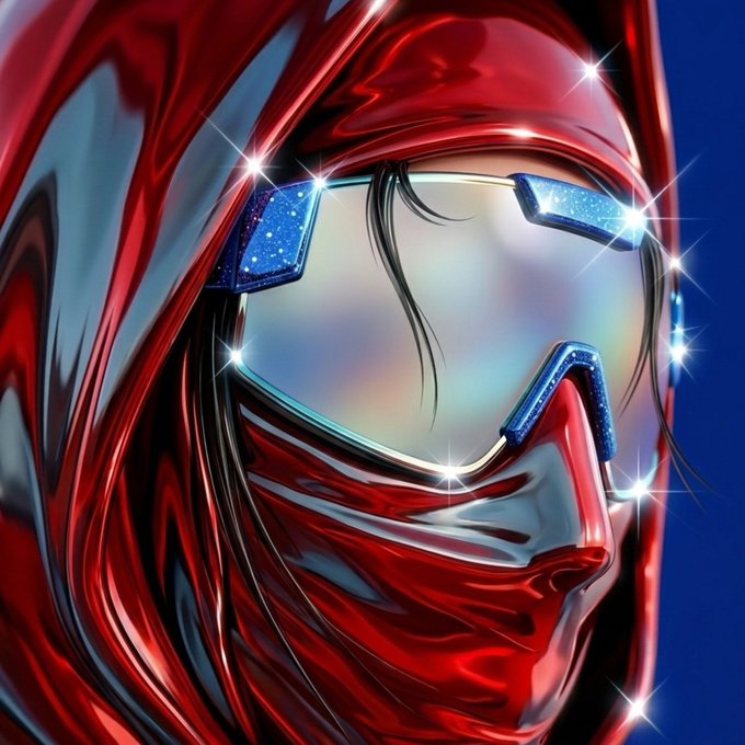 A glossy red ski mask with iridescent goggles and sparkle accents, embodying the sleek, anonymous aesthetic often associated with "mog" culture.