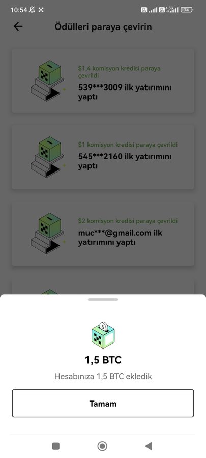 A mobile screenshot of OKX shows a Turkish-language "Ödülleri paraya çevirin" (Convert rewards to cash) feed where users cashed out small commission credits ($1.4, $1, $2) alongside a popup that boasts "1,5 BTC Hesabınıza ekledik" ("We added 1.5 BTC to your account"), highlighting the platform's history of dangling massive Bitcoin prizes before delivering only a fraction of the advertised reward.