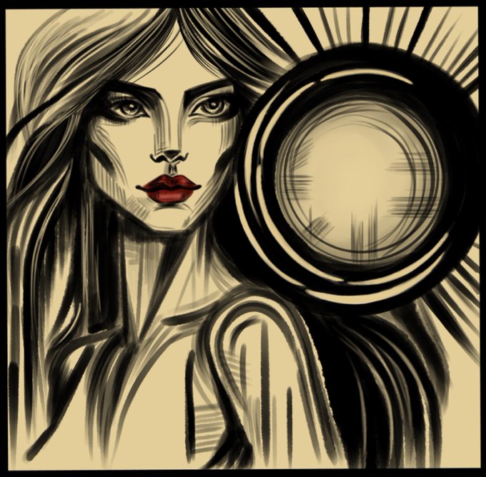 A stylized illustration of a woman with flowing dark hair, bold red lips, and intense eyes holds up a glowing circular orb radiating light, symbolizing hope and inner strength. The image visually reinforces the message that fear and pressure are external forces—one can illuminate a new path forward, just as she holds the light.