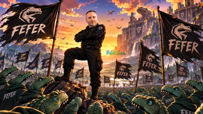 A digital artwork showing a man in tactical gear standing triumphantly atop a rock, surrounded by an army of T-Rex dinosaurs wearing 'FEFER' branded hoodies and waving 'FEFER' dinosaur-logo flags, with a watermark reading 'Feverfun'.