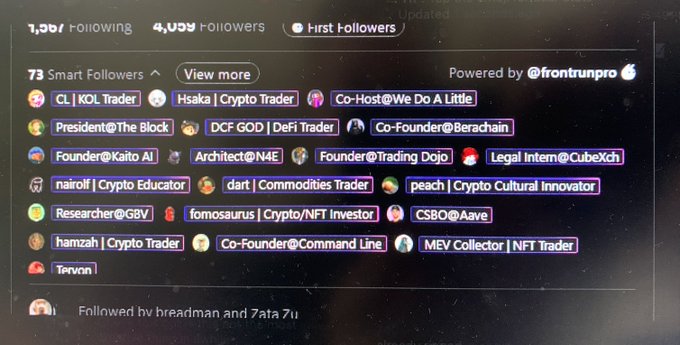 A social media follower list screen showing 4,059 Followers with '73 Smart Followers' including crypto accounts like 'CL | KOL Trader', 'Hsaka | Crypto Trader', 'President@The Block', and 'Co-Founder@Berachain', powered by @frontrunpro.