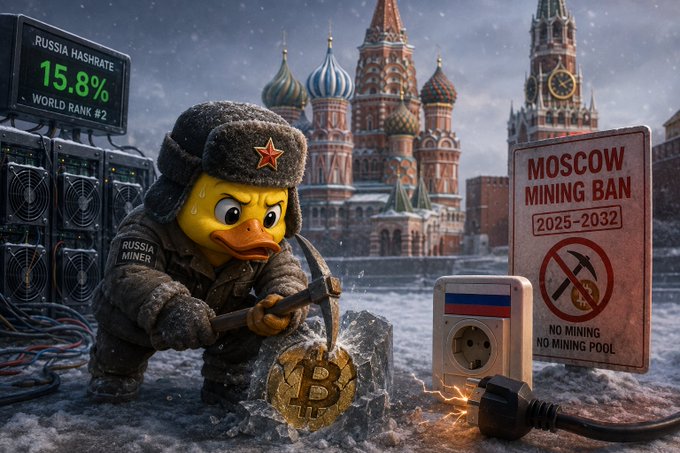 A political/satirical illustration of an angry duck dressed as a Russian miner in a ushanka hat, hammering a frozen Bitcoin in the snow outside the Kremlin, alongside signs reading 'RUSSIA HASHRATE 15.8% WORLD RANK #2' and 'MOSCOW MINING BAN 2025-2032'.