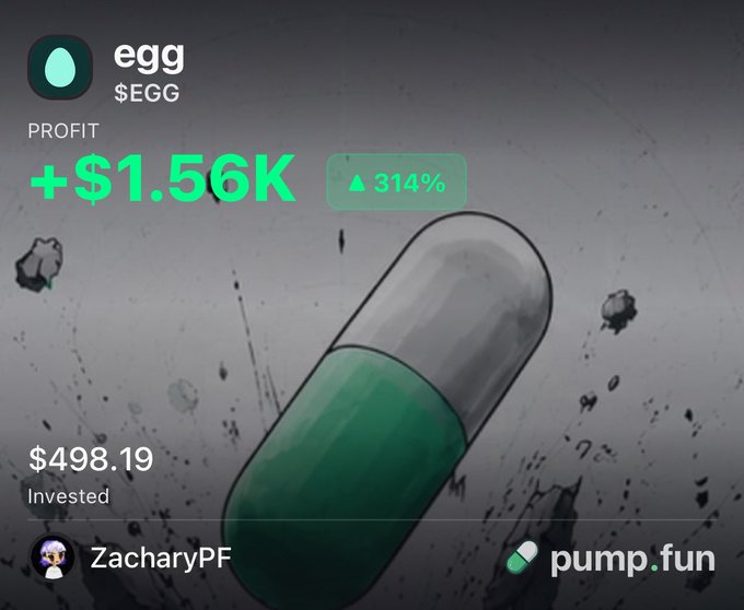 A pump.fun profit notification showing a 314% gain on the $EGG token, with $1.56K profit on a $498.19 investment by user ZacharyPF—illustrating the seamless USDC trading experience highlighted in the post about not needing to bridge funds on the app.